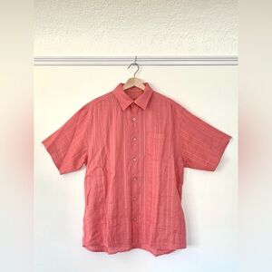 Tommy Bahama coral pink woven linen short sleeve button front shirt coastal chic